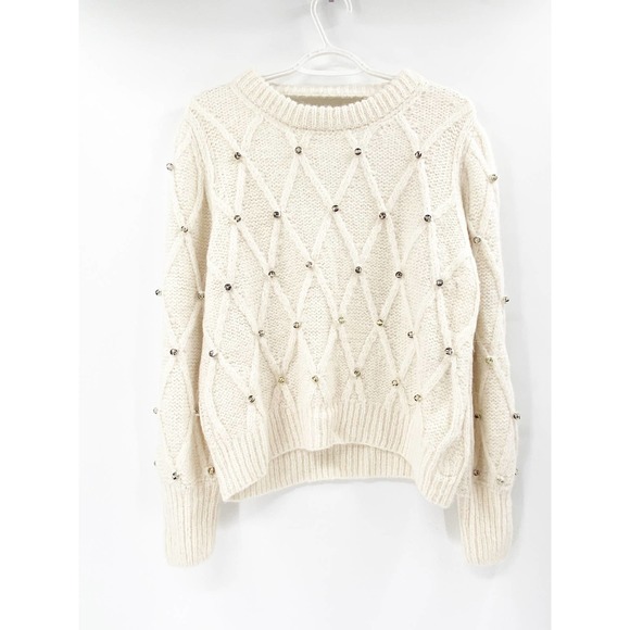Eleven Six Zaria Ivory Beaded Baby Alpaca Knit V Keyhole Back Crewneck Sweater - Picture 3 of 7